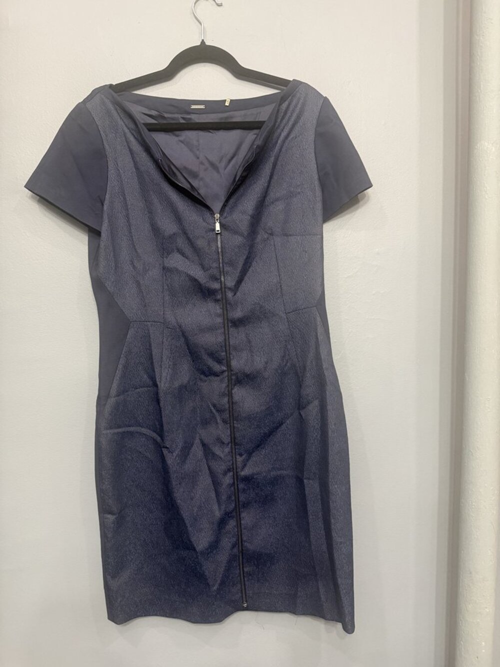 Elie Tahari Navy Zip-Front Cap Sleeve Sheath Dress Sheen Lined Work Size 14